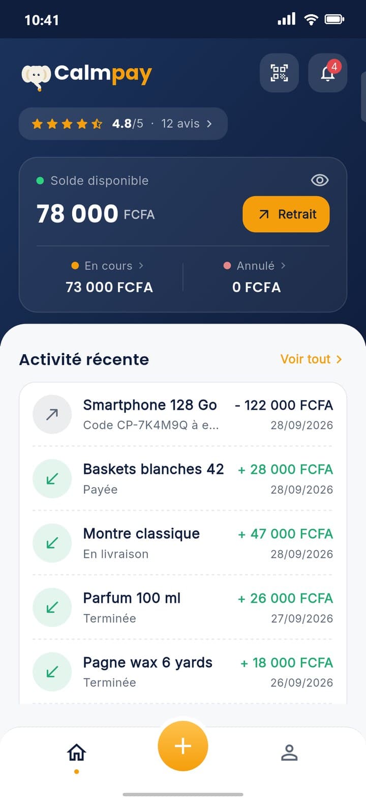 Écran d'accueil de l'app Calmpay