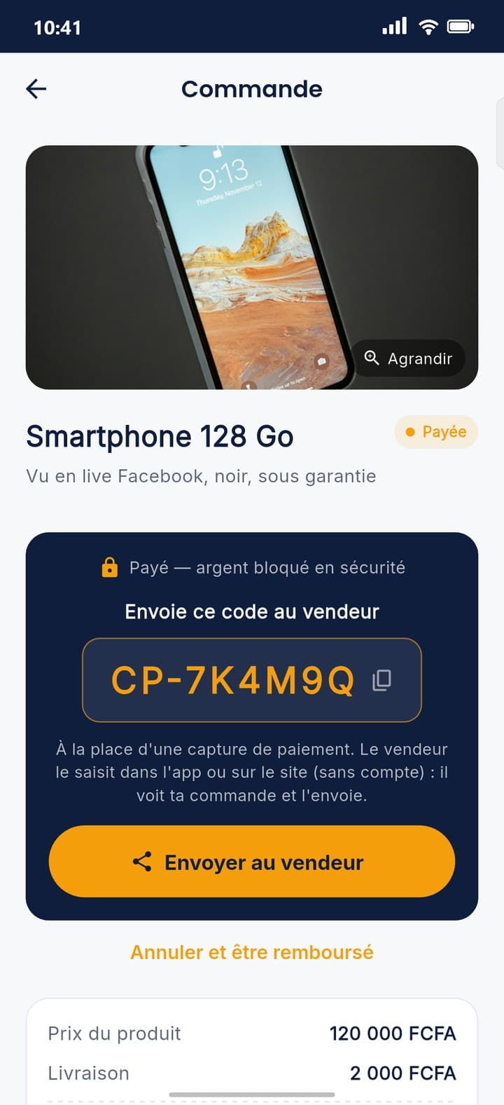 L'acheteur a payé : code à envoyer au vendeur